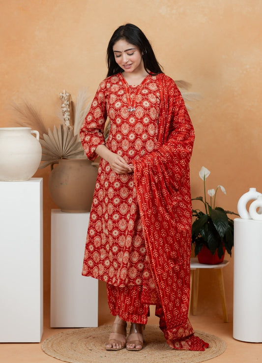 Rust Red Jaipuri Cotton A-Line Suit Set – Daily & Festive Wear