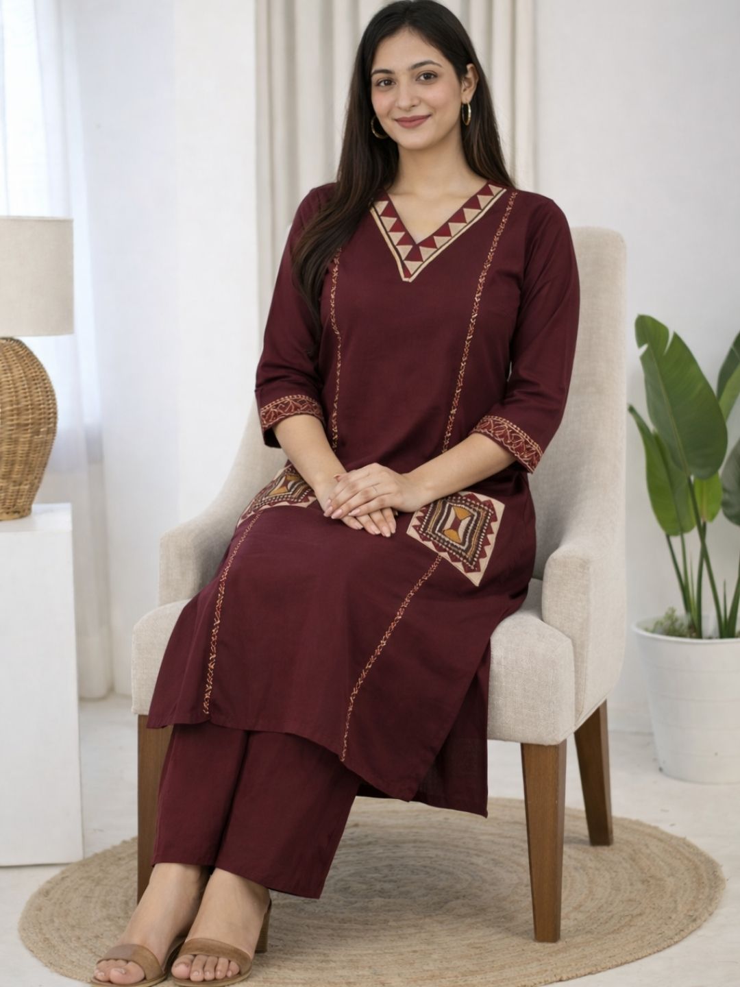Wine Dabu Cotton A-Line Kurta Set with Embroidered Pockets