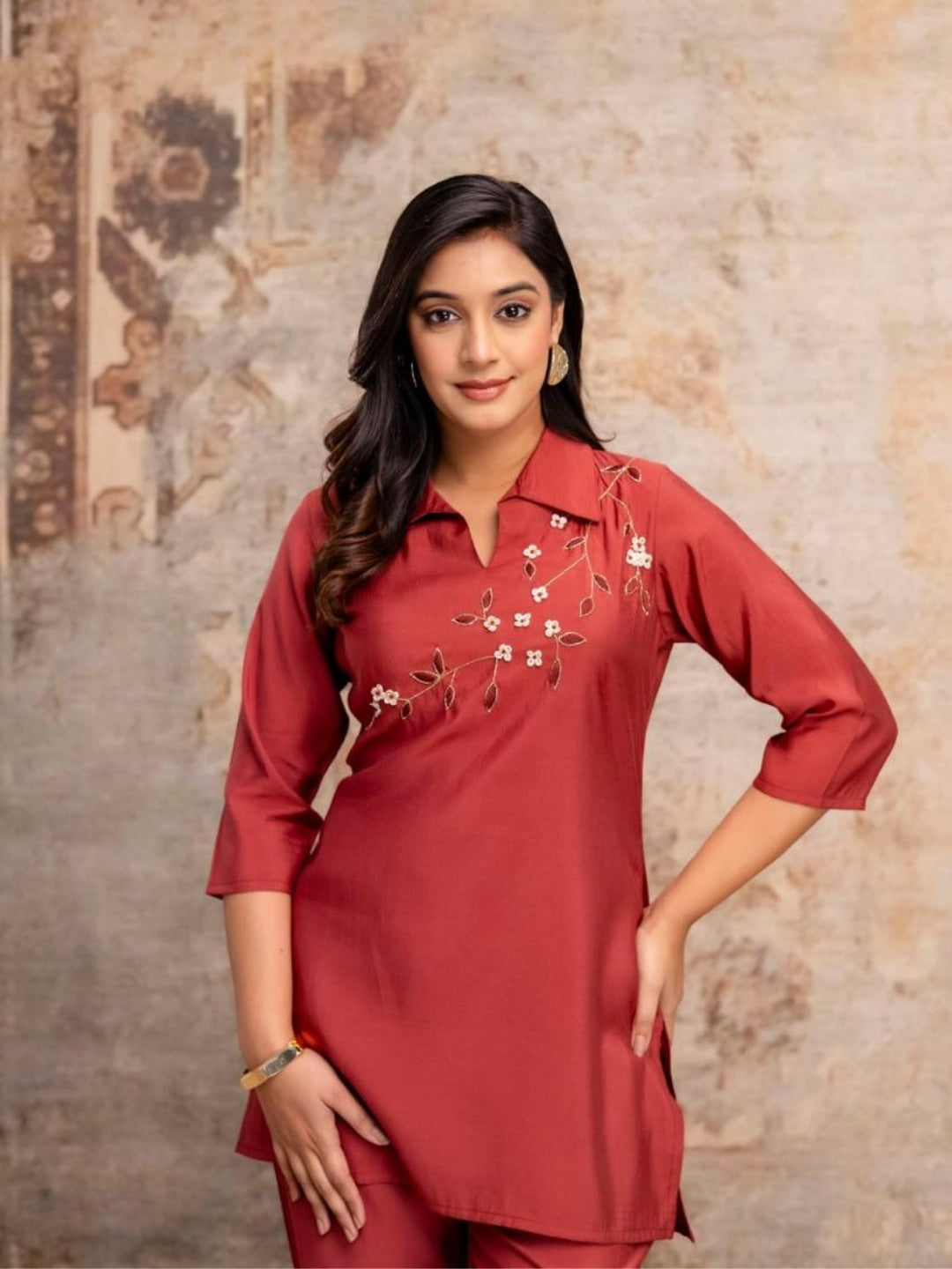 Brick Red Roman Silk Kurta Pant Set with Handcrafted Floral Embroidery