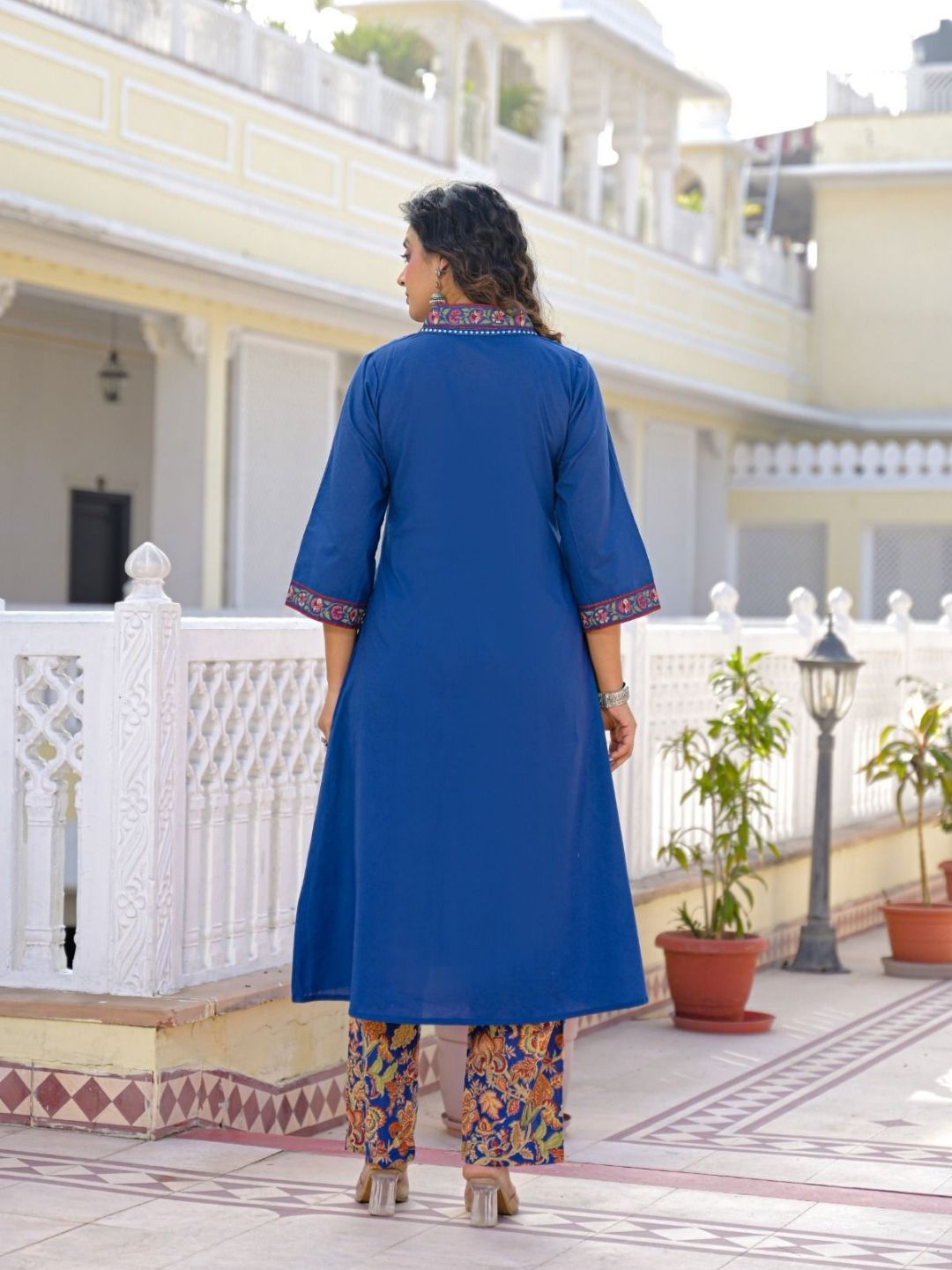 Royal Blue Premium Cotton Kurta Set with Handworked Embroidered Neckline