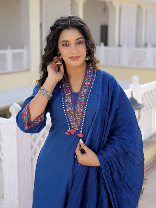 Royal Blue Premium Cotton Kurta Set with Handworked Embroidered Neckline
