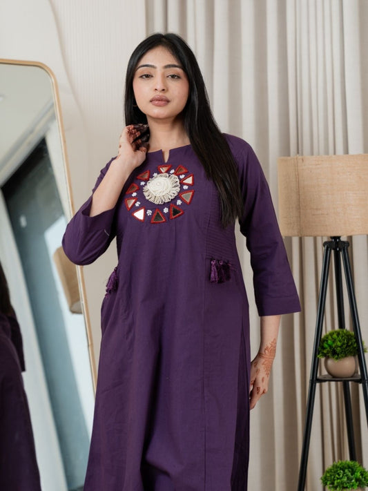 Plum Purple Dabu Cotton A-Line Kurta Set with Handcrafted Mirror Work Embroidery