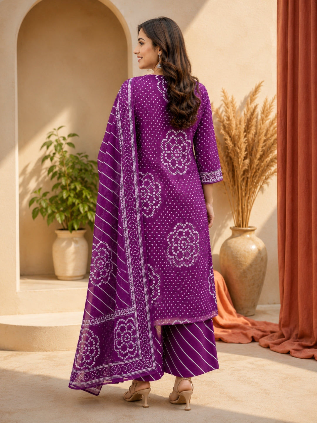Royal Purple Cotton Bandhej Suit Set with Printed Dupatta – Ethnic Wear