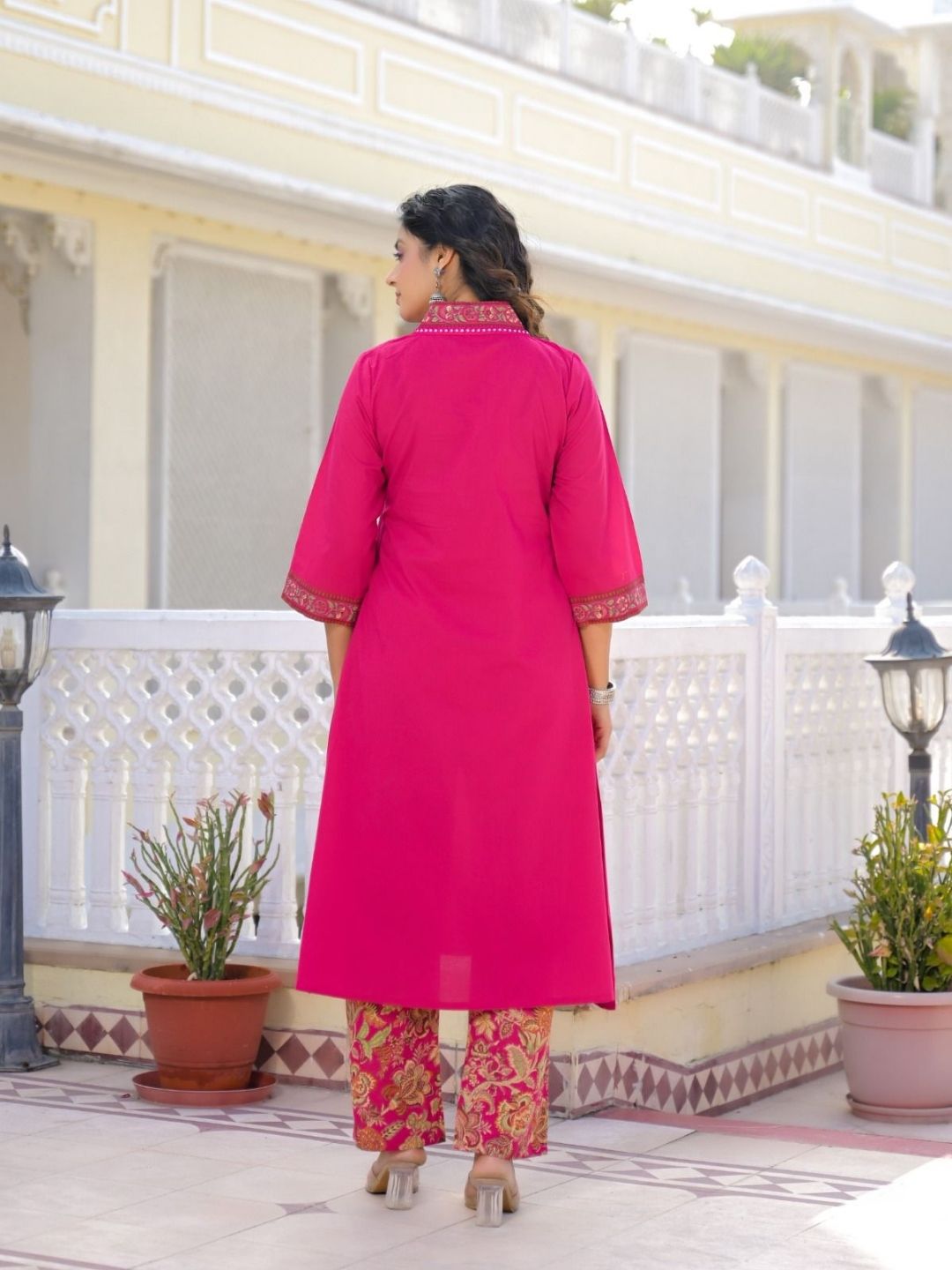 Rani Pink Premium Cotton Kurta Set with Handworked Embroidered Neckline