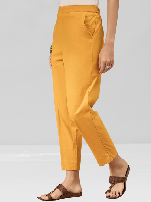 Mustard Cotton Flex Pants with Side Pockets