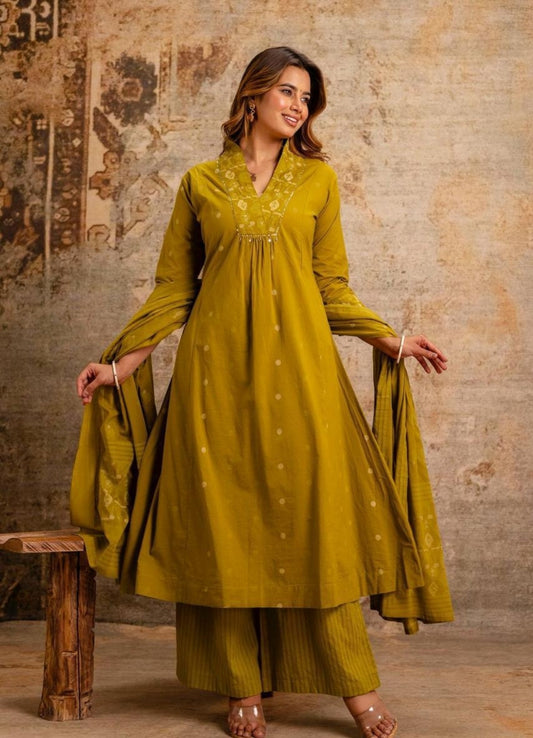 Olive Green Cotton A-Line Suit Set with Embroidery – Festive & Daily Wear