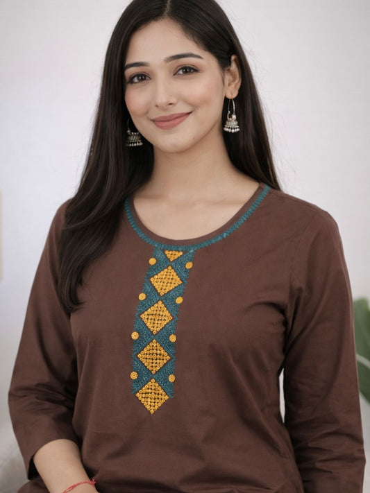 Chocolate Brown Bombay Flex Cotton Straight Kurta Set with Embroidered Yoke