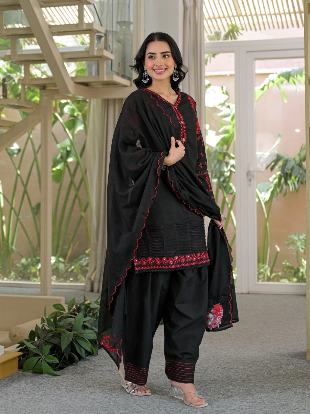 Black Pure Cotton Embroidered Kurta with Farsi Salwar & Dupatta Set – Festive Wear