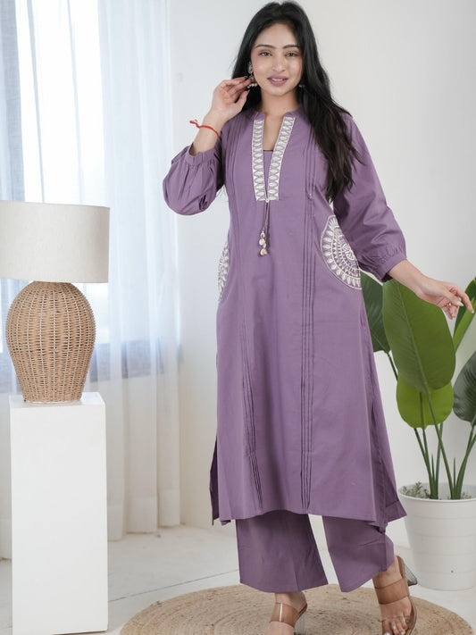 Lavender Purple Dabu Cotton A-Line Kurta Set with Handcrafted Embroidery
