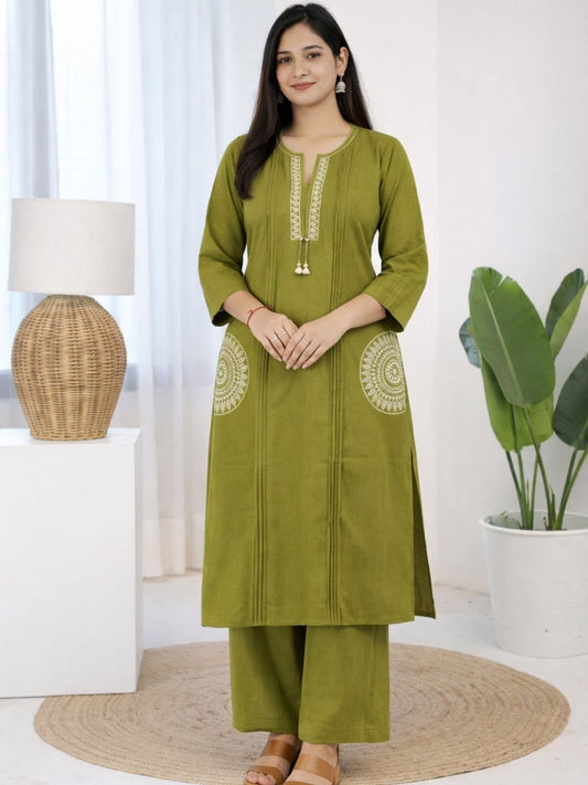 Olive Green Dabu Cotton A-Line Kurta Set with Handcrafted Embroidery