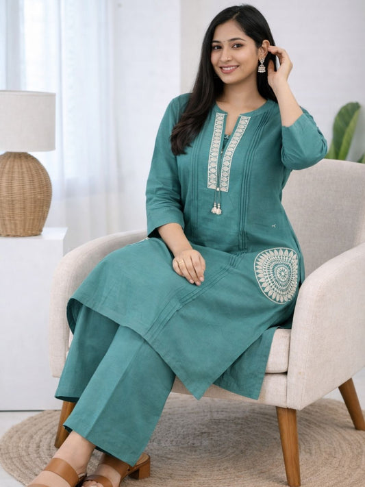 Teal Green Dabu Cotton A-Line Kurta Set with Handcrafted Embroidery