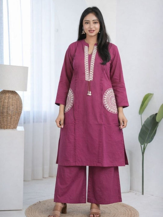 Deep Maroon Dabu Cotton A-Line Kurta Set with Handcrafted Embroidery