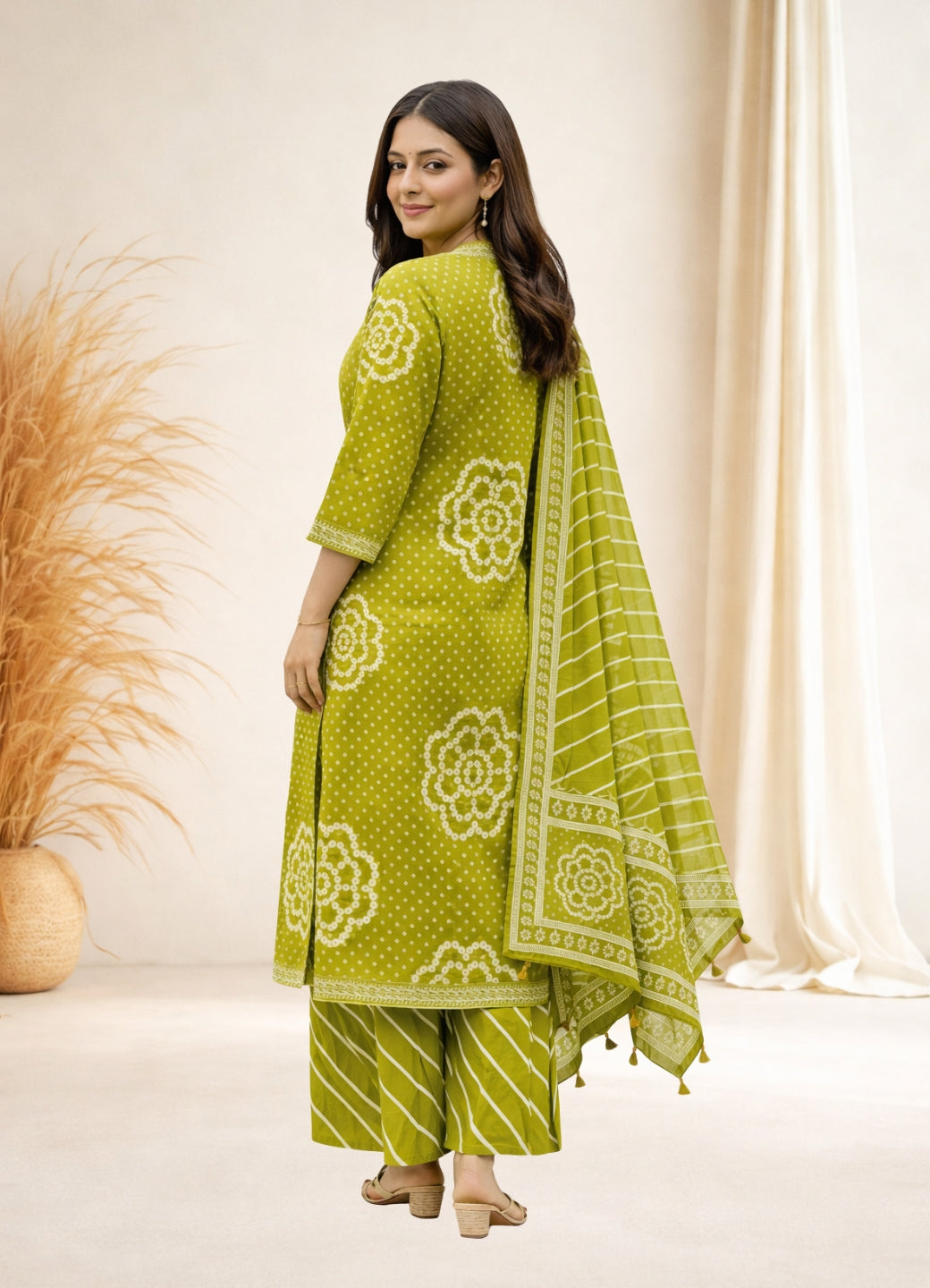 Mehendi Green Cotton Bandhej Suit Set with Printed Dupatta – Ethnic Wear