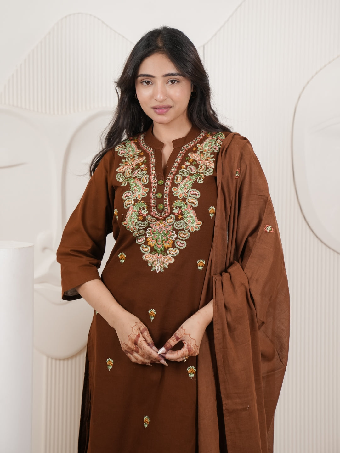 Brown Embroidered Cotton Flex Kurta Palazzo Set with Dupatta