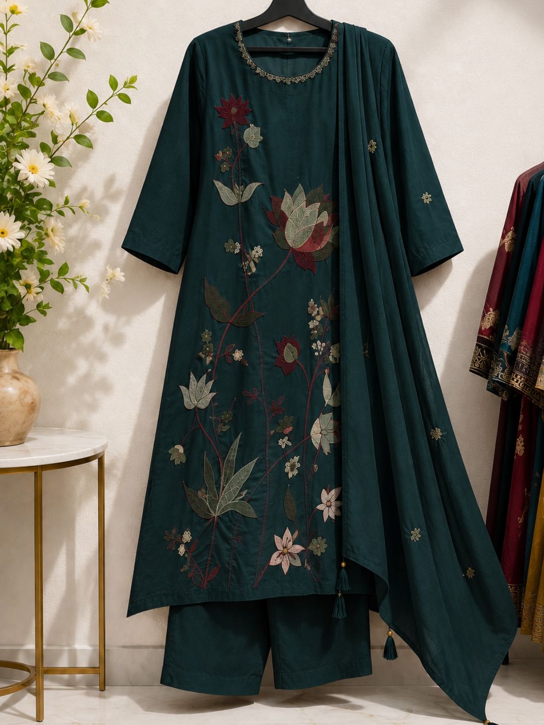 Teal Green Mul Cotton Floral Embroidered Kurta Set with Dupatta