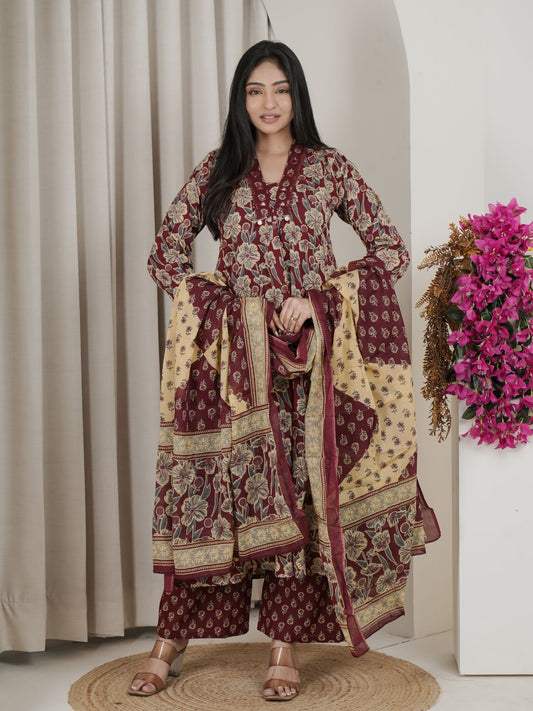 Wine Floral Jaipuri Cotton A-line Kurta Set with Printed Dupatta