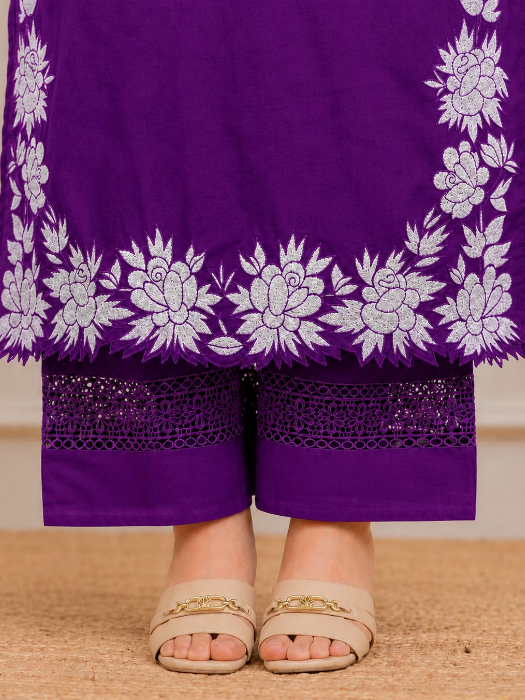 Royal Purple Embroidered Cotton Kurta Palazzo Set with Dupatta