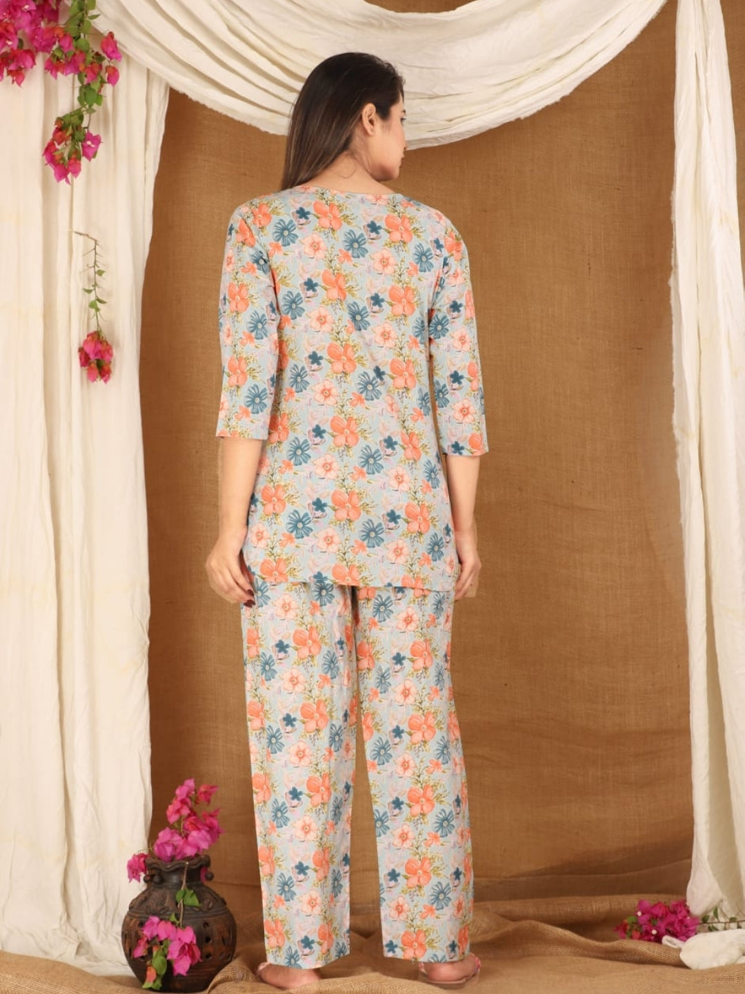 Pastel Blue Cotton Co-ord Set with Floral Print – Casual Wear