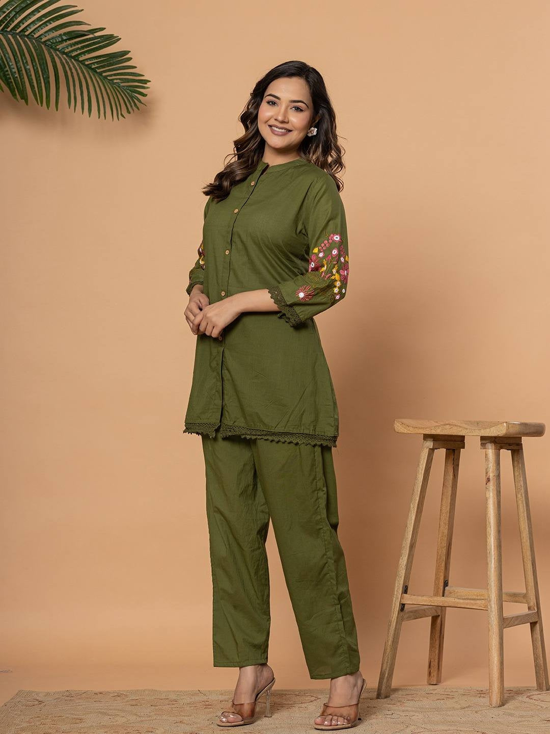 Olive Green Pure Cotton Kurta Pant Set with Floral Embroidery