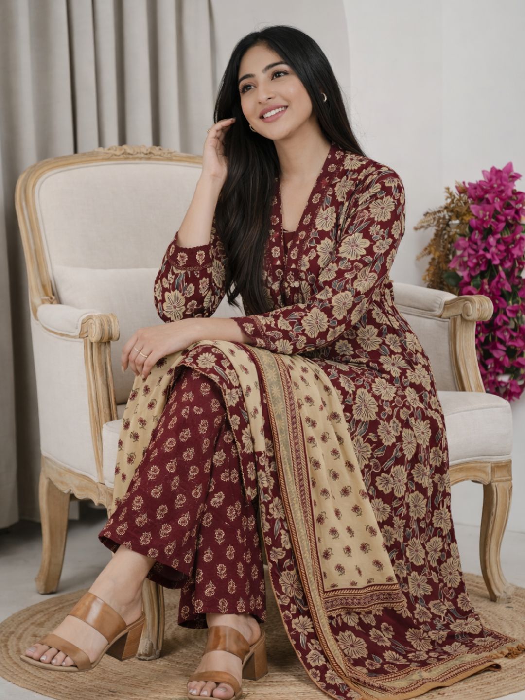 Wine Floral Jaipuri Cotton A-line Kurta Set with Printed Dupatta