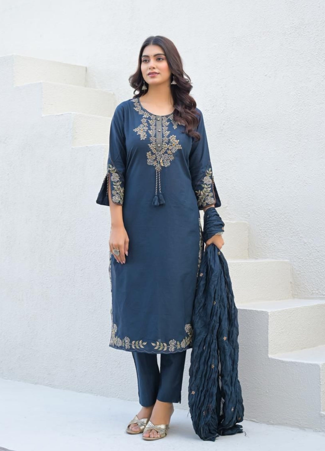 Navy Blue Cotton Suit Set with Embroidered Floral Motifs