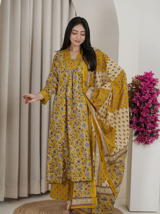 Mustard Yellow Floral Jaipuri Cotton A-Line Kurta Set with Printed Dupatta