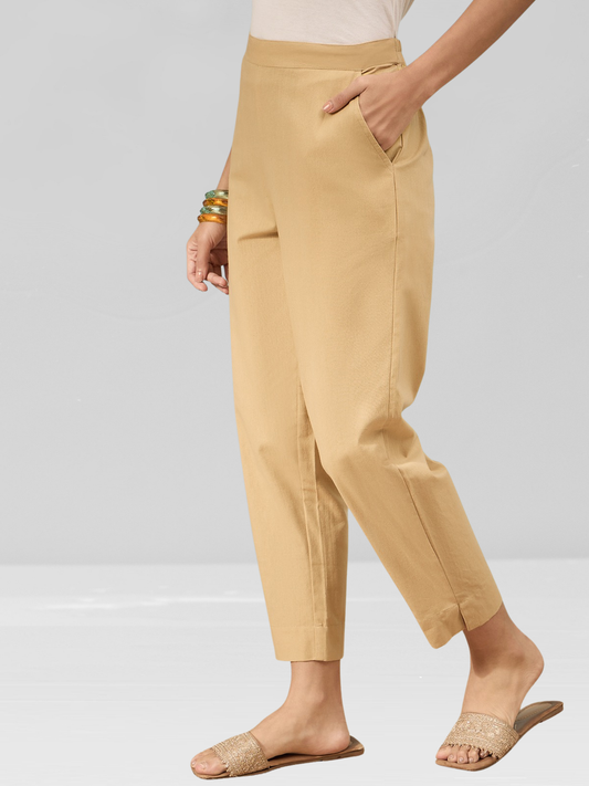 Beige Cotton Flex Pants with Side Pockets