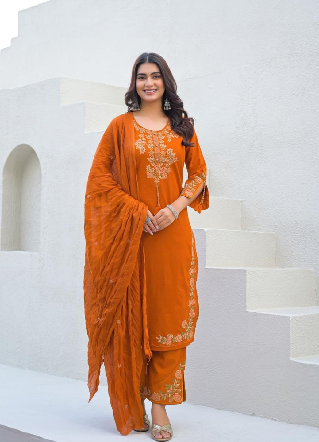 Rust Orange Cotton Suit Set with Embroidered Floral Motifs