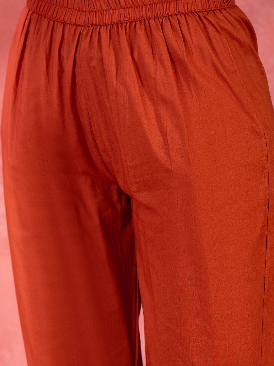 Rust Pure Cotton Kurta Pant Set with Floral Embroidery