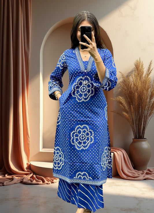 Royal Blue Cotton Bandhej Suit Set with Printed Dupatta – Ethnic Wear