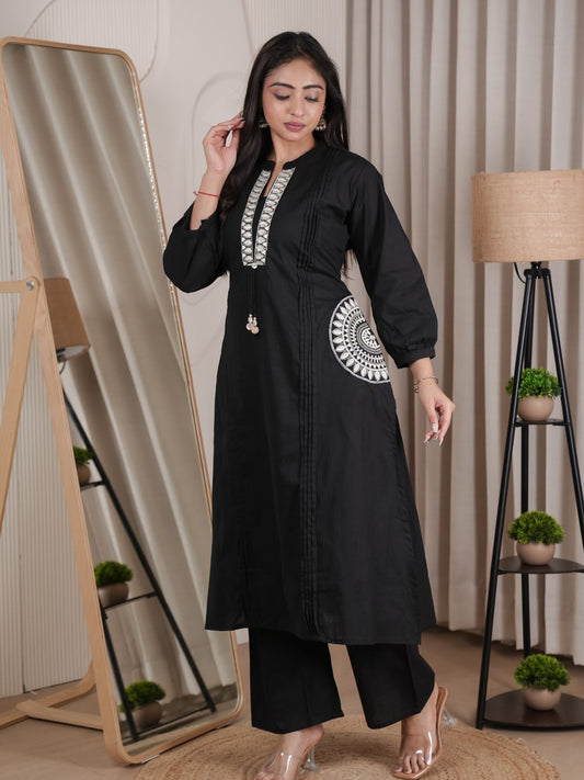 Black Dabu Cotton A-Line Kurta Set with Handcrafted Embroidery