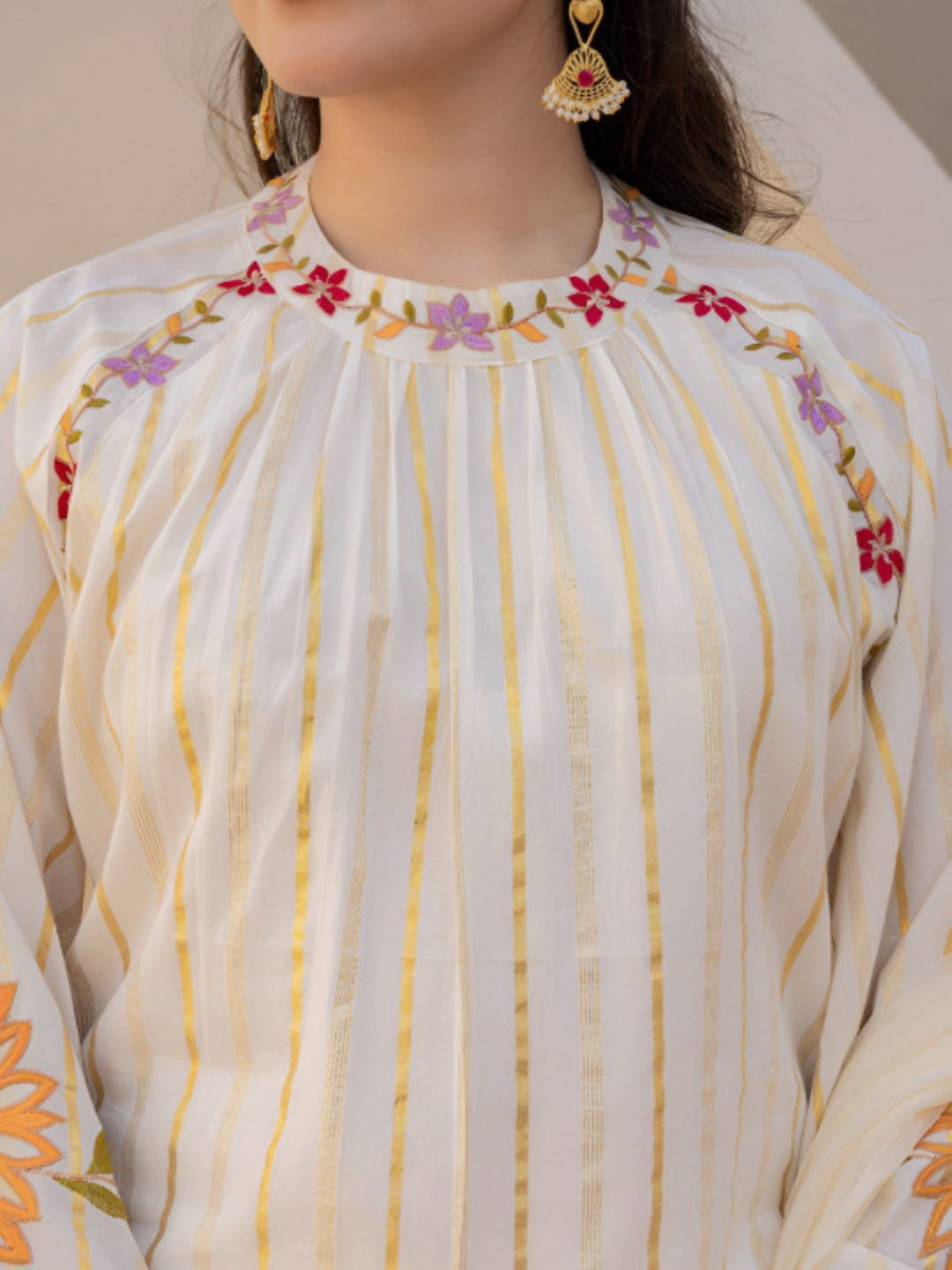 White Floral Embroidered Cotton Kurta Set with Net Dupatta