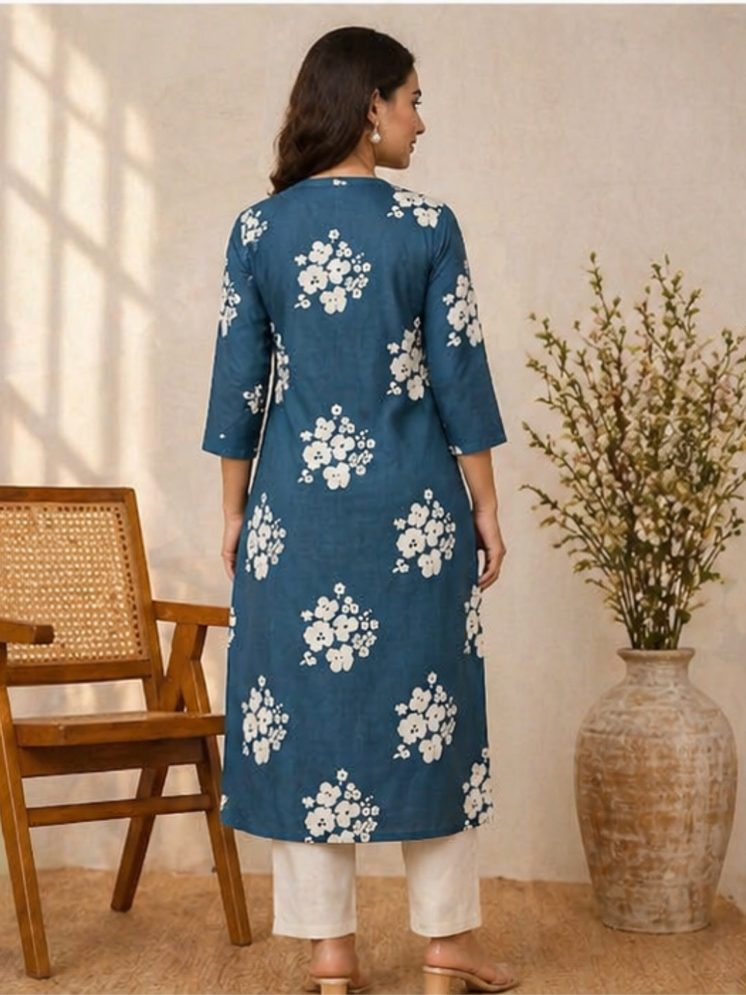 Elegant Teal Blue Cotton Kurti with White Floral Print