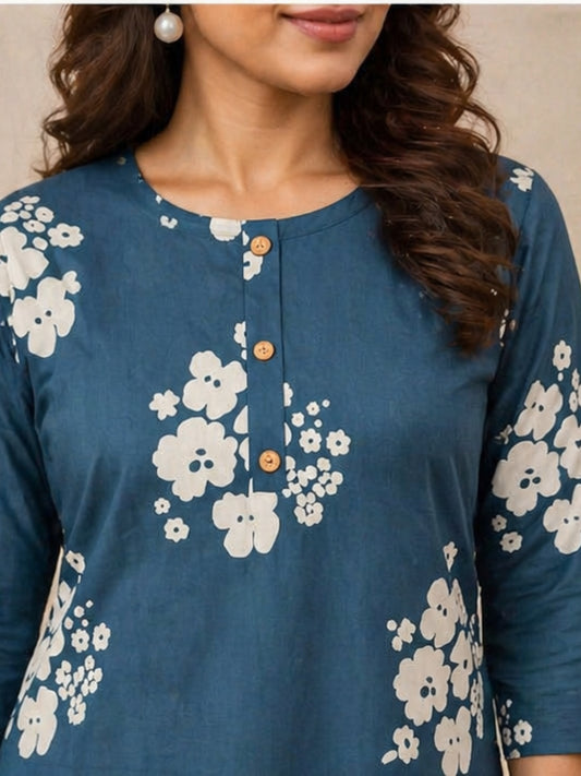 Elegant Teal Blue Cotton Kurti with White Floral Print