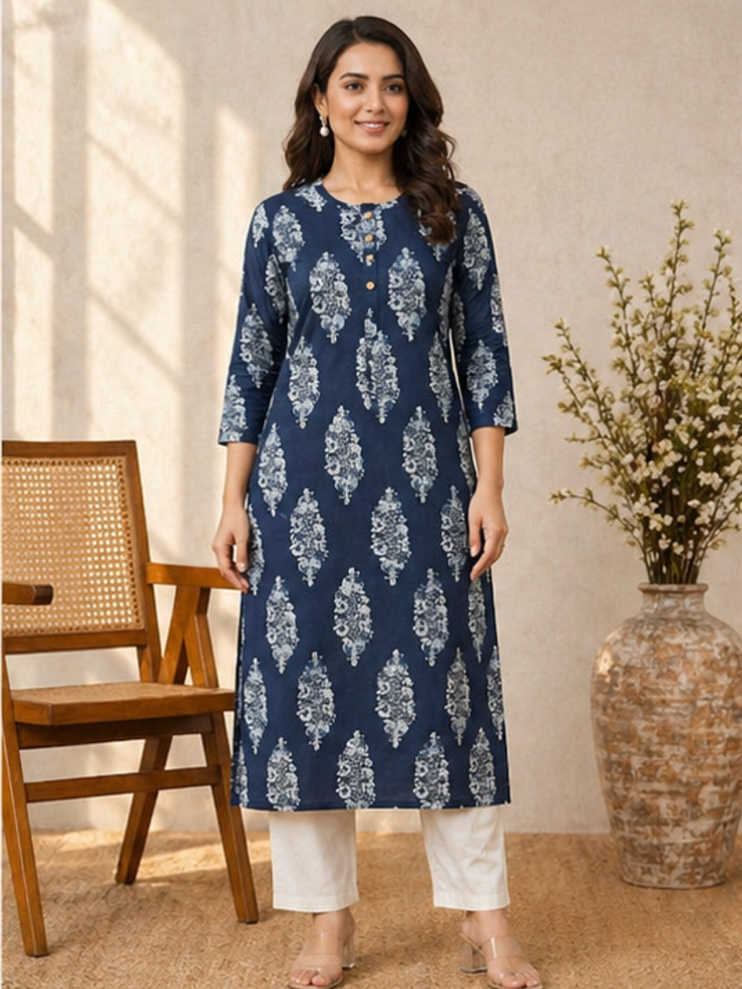 Elegant Navy Blue Cotton Kurti with Ethnic White Print