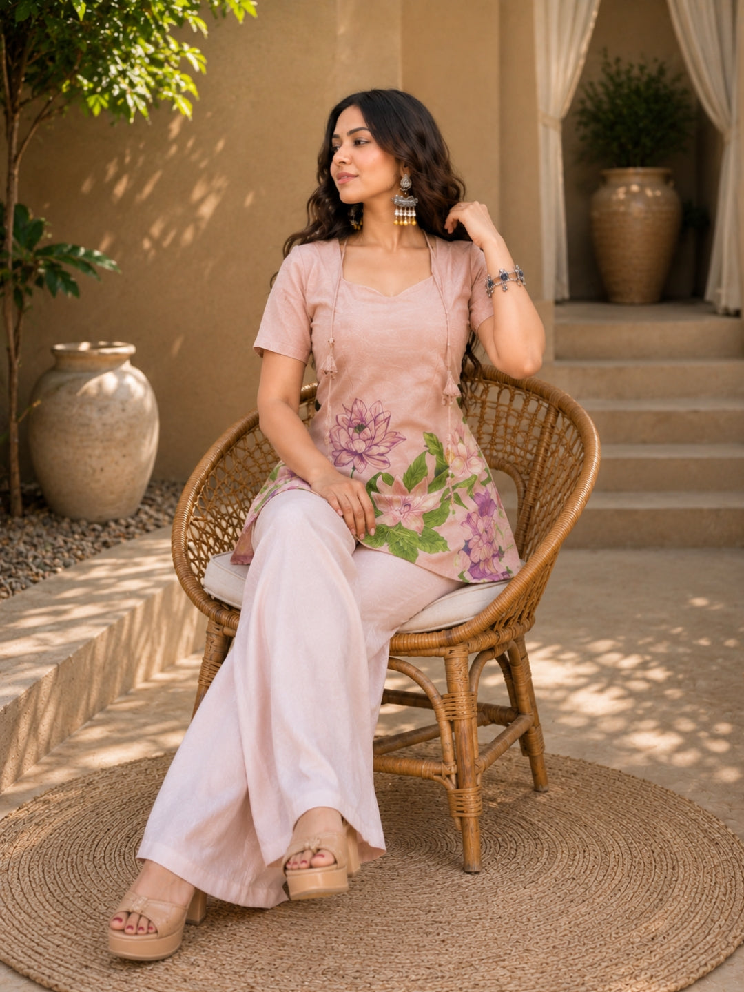Blush Pink Floral Print Cotton Tunic Top for Women