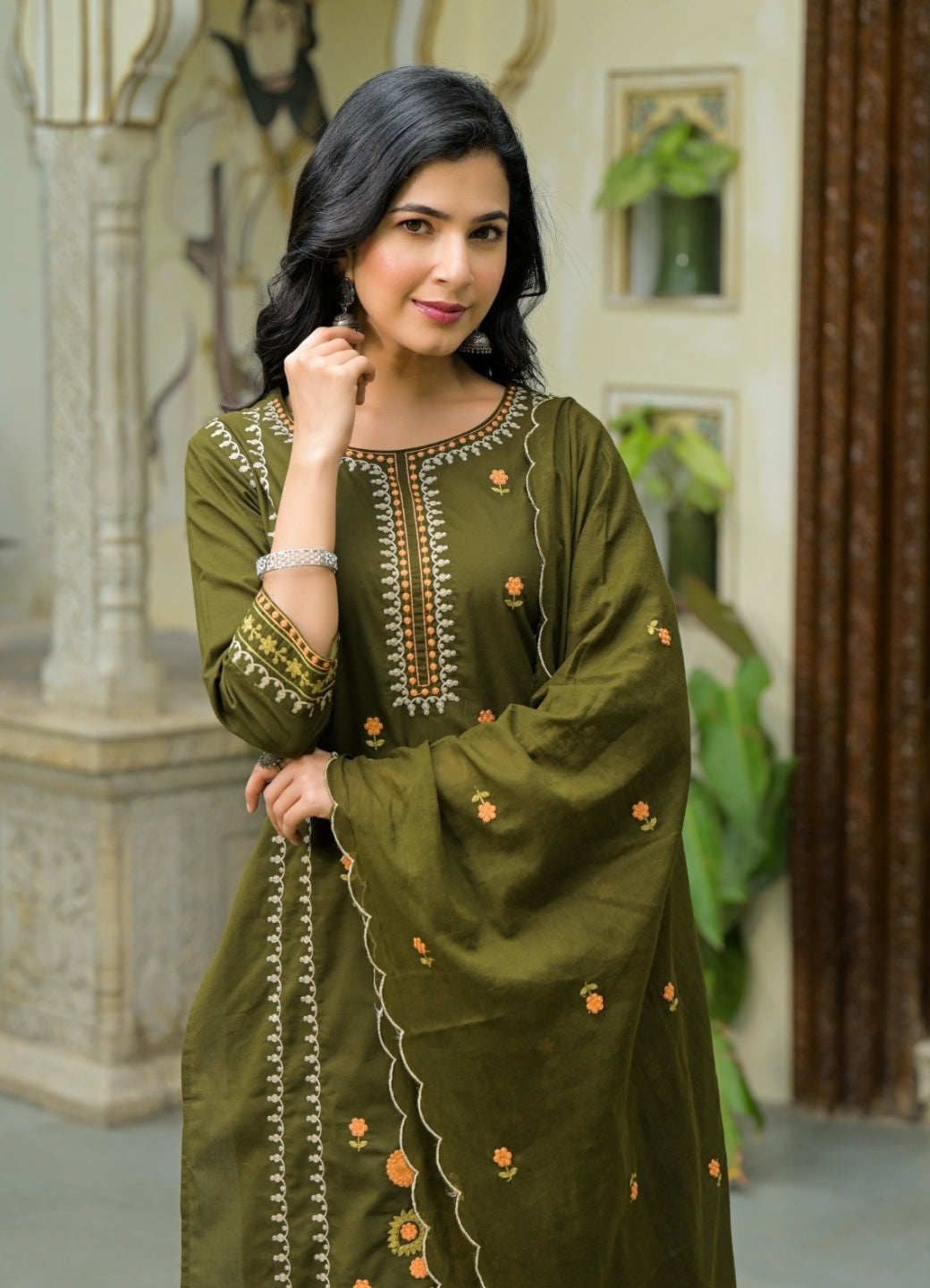 Olive Green Cotton Suit Set with Multicolor Embroidered Floral Motifs – Ethnic Wear