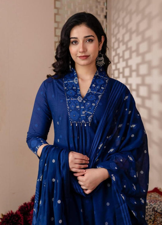Royal Blue Cotton A-Line Suit Set with Embroidery – Festive & Daily Wear