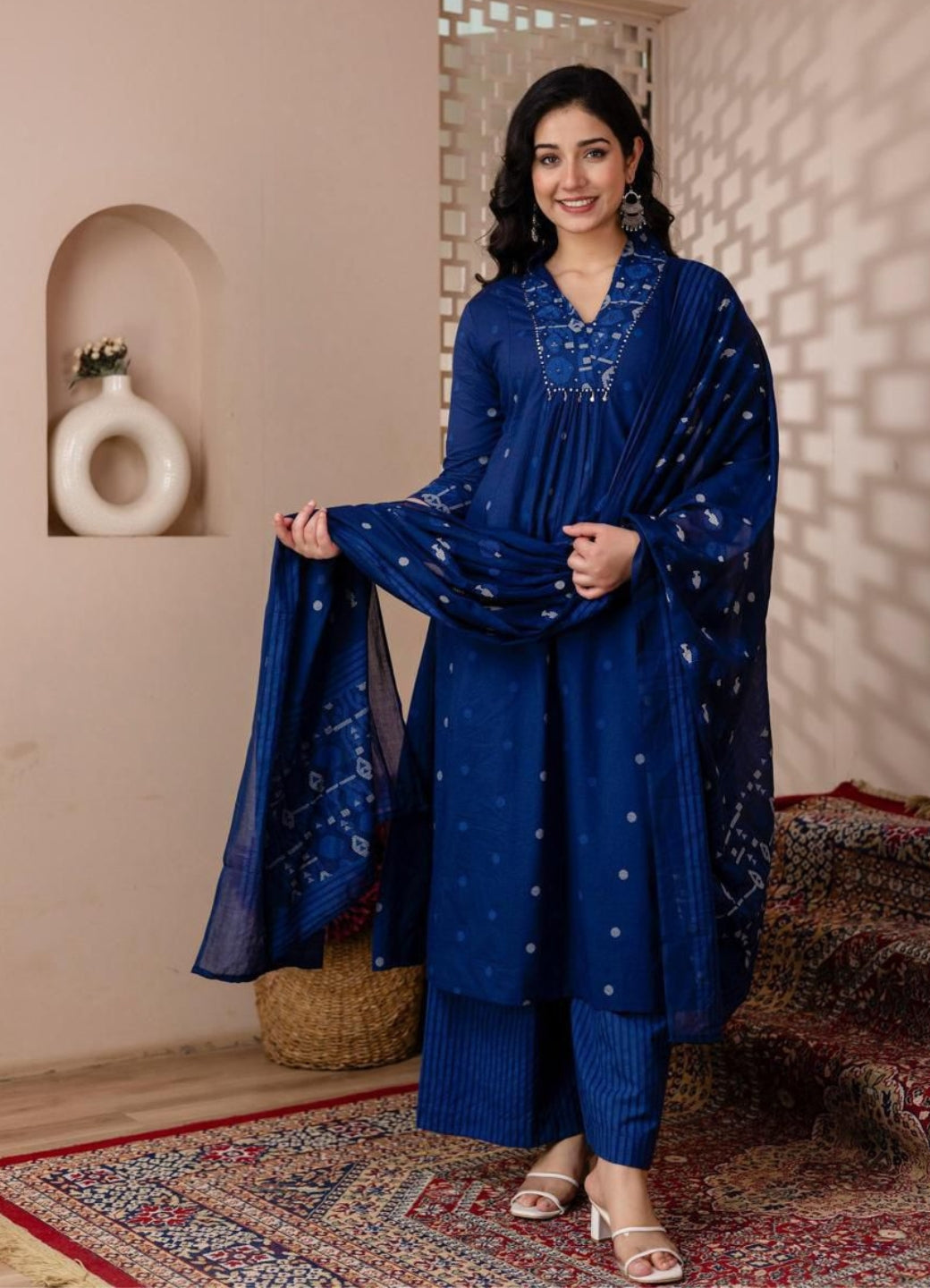 Royal Blue Cotton A-Line Suit Set with Embroidery – Festive & Daily Wear