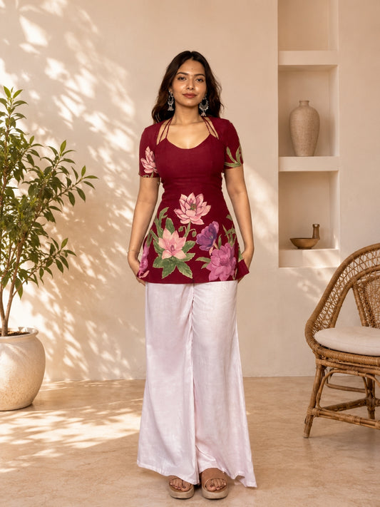 Maroon Floral Print Cotton Tunic Top for Women