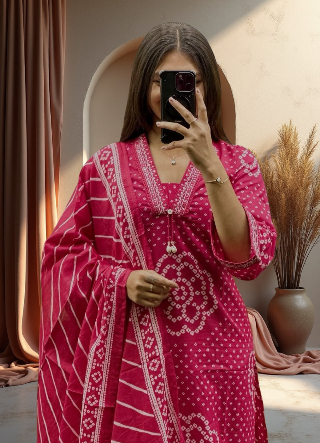Fuchsia Pink Cotton Bandhej Suit Set with Printed Dupatta – Ethnic Wear