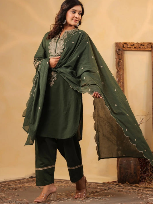 Forest Green Pure Cotton Embroidered Kurta Set with Farsi Salwar