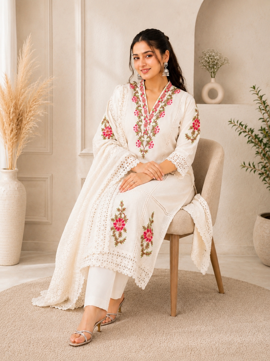 Ivory White Cotton Suit Set with Floral Embroidered Detailing