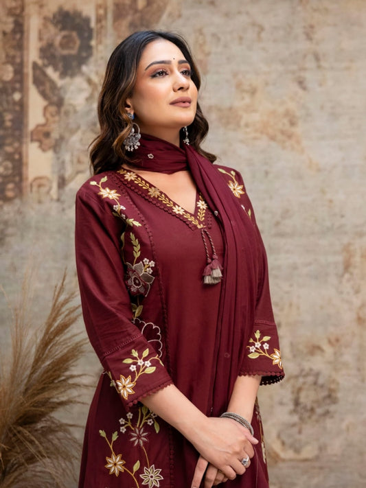 Maroon Floral Embroidered Cotton Kurta Palazzo Dupatta Set