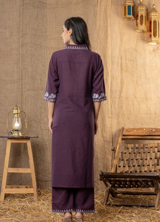 Wine Cotton Slub Kurta Set with Pockets