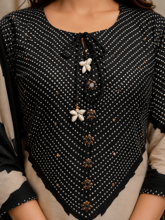 Black Cotton Kurta Set with Printed Yoke & Dupatta – Elegant Ethnic Wear