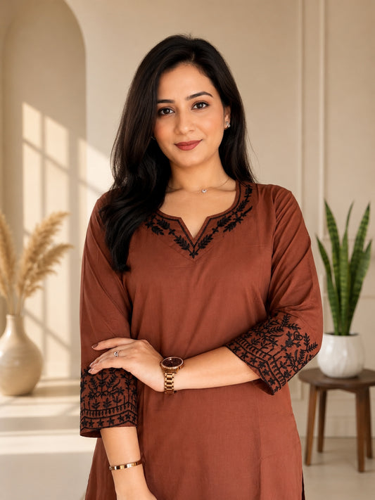 Brown Embroidered Cotton Kurta Pant Set with Printed Dupatta