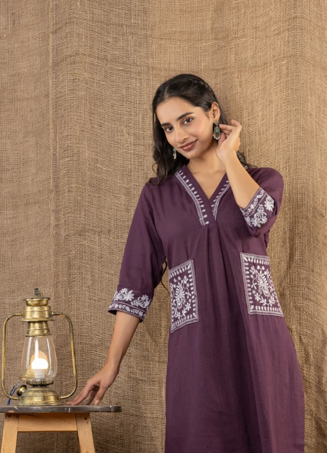 Wine Cotton Slub Kurta Set with Pockets
