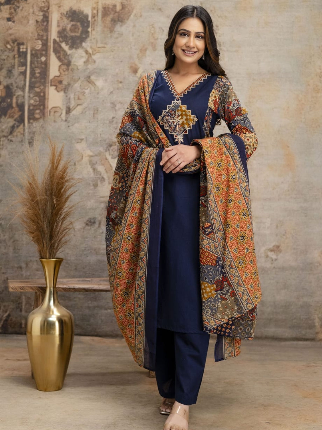 Navy Blue Printed Kurta Palazzo Set with Ethnic Dupatta