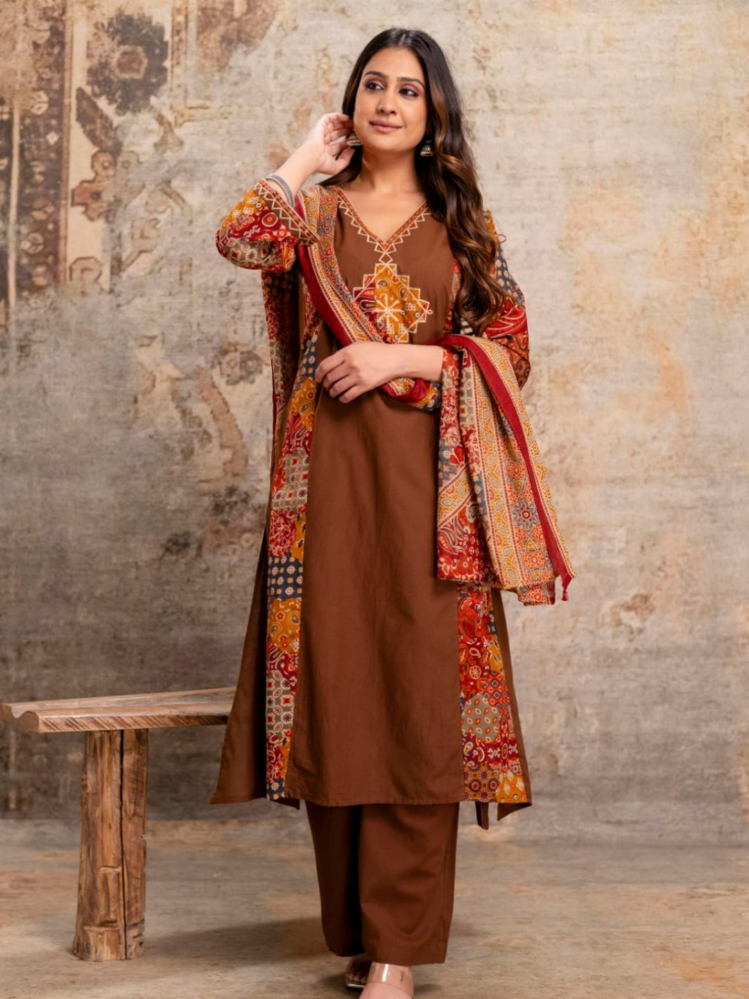 Coffee Brown Printed Kurta Palazzo Set with Ethnic Dupatta